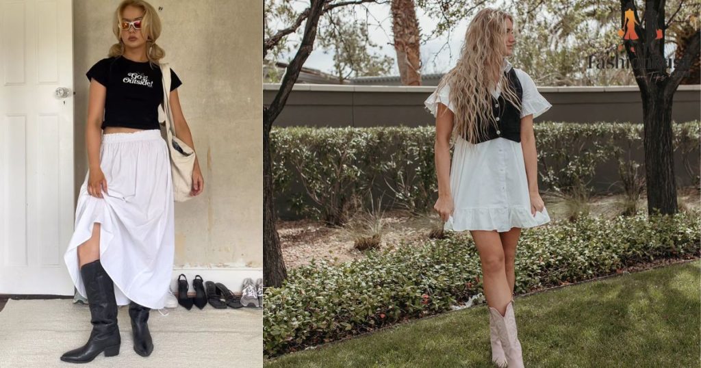 Black vest and white skirt with cowboy boots